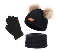 Kids Knitted Hat Scarf and Gloves Set, Toddler Winter Warm Pom Pom Hat Beanie Fleece Lining Scarf Gloves Cold Weather 3 Piece Set for Boys and Girls 2-7 Years