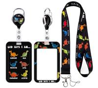 Kids Lanyard with Card Holder Cute Vertical ID Badge Holder I'm Bold, Protected... Card Sleeve with Retractable Reel Clip for School Boys Cruising, Dinosaur