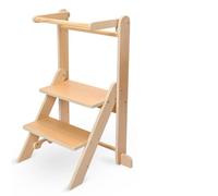 Kids Learning Tower, Foldable Adjustable Toddler Step Stool with Safety Guardrail & Handrail, 3-Level Adjustable Height Natural Wood Kitchen Helper Stool for Children