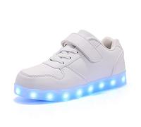 Kids LED Lights Up Shoes 7 Colors Flashing Trainers Luminous USB Charging Lace Up Sneakers Sport Running Shoes/Unisex Boys Girls Children Birthday Gifts White