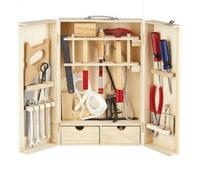 leomark wooden tool set for kids - 30+ piece kit with tools & accessories in secure wooden box, ideal for young carpenters & mechanics - includes wrench, hammer, screwdrivers, saw, DIY