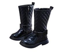 Kids Long Boots Bowknot Black Riding Boot Glossy Paint Leather Shoes Rhombic Quilted Princess Boots with Side Zipper Non-Slip Shoes Children Flat Chunky Sole Boot Winter Elegant Soft Cosy Booties