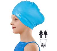 Kids Long Hair Swimming Cap for Girls Boys, 2 Size Silicone Swimming Hat for Age 3-15 Toddler Children Teens, Waterproof Swim Cap Bathing Hat with Ear Plugs & Nose Clip to Keep Hair Dry(Age 3-8/Blue)