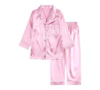 Kids Long Sleeve Silk Pyjamas Set Button Up Girls Boys Satin Pjs Pocket Plain Lapel Matching Pajamas Toddler Classic Sleepsuits Solid Color Loungewear Sets (Pink, 6-7 Years)
