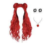 Kids Long Wavy Red Wig with Hair Buns, Necklace and Ear Clips, The Rise of Red Costume Accessory Wig for Girls Halloween Cosplay