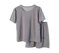 Kids Loose Fit Pyjamas Sets Solid 2 Piece Short Sleeve Soft T Shirts Tops Wide Leg Shorts Pj L unge Outfits Boys Girls Ribbed Crew Neck Tees Short Trousers Pajamas Clothes (Grey, 10-11 Years)