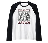 Kids Love Satan Pun Funny Dark Humor Occult Sarcastic Ritual Raglan Baseball Tee
