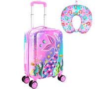 Kids Luggage with Wheels 2PC Set: Airline-Approved Carry On Suitcase with 360° Spinner Rolling, Includes Neck Pillow, Pink Mermaid 2PCS Luggage Set, One Size, Pink Mermaid 2pcs Luggage Set