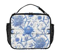 Kids Lunch Bag Water Resistant Lunch Box for Teen Girls Shoulder Strap and Bottle Holder Bag for Beach Travel Vintage Blue White Roses