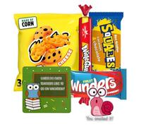 Kids Lunchbox Snack Bundle - Corn Cheese Crunch, Caramel & Chocolate Cereal Bar, Strawberry Fruit Roll & Wine Gums - School Treat Variety Pack - Includes Joke Card & Uplifting Sticker