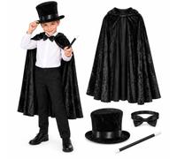 Kids Magician Costume Set - Black Cape, Bow Tie, Wand & 55cm Top Hat | black velour cape, satin bow tie, magic wand, soft top hat 55cm, kids halloween fancy dress set