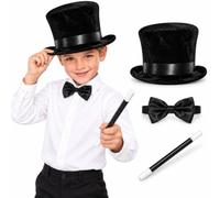 Kids Magician Fancy Dress Costume Accessory Set Black Satin Bowtie Top Hat | black satin bowtie, soft top hat, magic wand, one size fits most kids, magician fancy dress costume accessory set