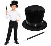 Kids Magician Top Hat & Magic Wand Set Black Fancy Dress Costume Accessory | soft black top hat, magic wand included, one size, magician fancy dress accessory, kids costume set, party ready to wear
