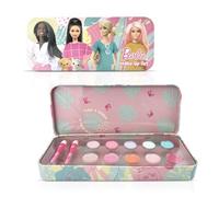Kids Makeup Set in Keepsake Tin - 10 Piece Children's Makeup Kit with 5 Eyeshadows & 5 Lip Balms - Reusable Metal Pencil Case Gift for Girls - Official Barbie Merchandise