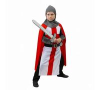 Kids Medieval Knight Costume Set Crusader Tunic with Red Cape Chainmail Look Hood and Sleeves & 45cm Foam Sword Boys Dress-Up for Halloween World Book Day Themed Parties Fancy Dress