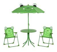 Kids Metal Picnic Table Set Green 50x50x46cm Foldable 4-Piece with Frog Umbrella
