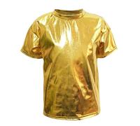 Kids Metallic Shiny Tops Holographic Laser Shirts Solid Color Short-Sleeve Shirt Round Neck Stretchy Tshirt Girls&Boys Summer Performance Wear Sparkly T-Shirt 3-16 Years