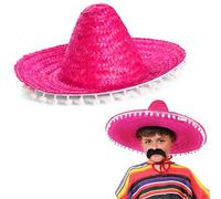 Kids Mexican Multicoloured Sombrero With Pom Pom Edges Fancy Dress Accessory Hat Straw Holiday