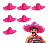 Kids Mexican Multicoloured Sombrero With Pom Pom Edges Fancy Dress Accessory Hat Straw Holiday - Pack Of 6
