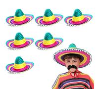 Kids Mexican Multicoloured Sombrero With Pom Pom Edges Fancy Dress Accessory Hat Straw Holiday - Pack Of 12