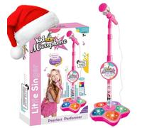 Kids Microphone and Stand,Kids Microphone with Stand,with Adjustable Height & Flashing Stage Lights- Sing Musical Toy,Christmas Party Fun Musical Toy for Girls And Boys (Pink)