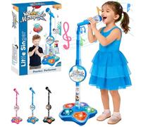 Kids Microphone And Stand,Kids Star Microphone,Stand Up Microphone For Kids,Kids Karaoke Machine With Adjustable Height & Flashing Stage Lights,Christmas Party Fun Sing Musical Toy (Blue)