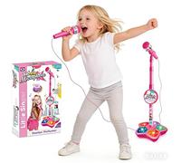 Kids Microphone with Stand,Portable Karaoke Machine for Kids, Adjustable Height with Flashing Stage Lights & Phone Jack, Singing Toy Gift for Girls Boys Birthday Party (Pink)