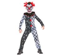 Kids Monochrome Sinister Clown Costume Circus Halloween Creepy Fancy Dress Party