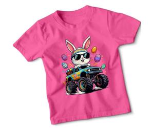 Kids Monster Truck Easter Tshirt Rabbit with Egg Basket On The Truck Toddler Tee 3-4 Years Fuchsia