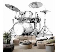 Kids Music Rock Drum Set Photo Mural - Vintage Musical Instruments Drum Set Wallpaper- Amazing 3D Effect - Ideal for Boys Girls Bedroom 350 W x 1256 H cm