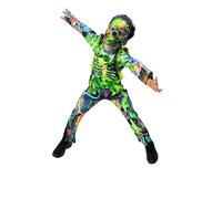 Kids Neon Skeleton Halloween Costume - Neon Effect Jumpsuit & Skull Flat Felt Mask - Unisex Fancy Dress Outfit for Boys & Girls - 8-10 Years