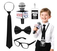 Kids News Reporter Costume Props Set, Journalist Accessories with Prop Microphone Press Pass Pre Tied, Etc, Complete Set for School Uniform Days, World Book Week, Halloween Parties