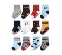 Kids Non-Skid Grip Socks for Boys and Girls - Anti-Slip Cotton Socks for Toddlers and Infants Aged 0-12 Months - Cozy, Soft and Colorful Baby Socks, Ideal for Home, Play and Outdoors in 12 Pairs