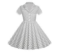 Kids Notch Lapel 50s Dress for Girls Vintage Retro 1950s Polka Dot Dresses for Girls 50's Rockabilly Swing Outfit V Neck A Line Short Sleeve Button up Skirt Youth Button up (White, 9-10 Years)