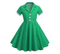 Kids Notch Lapel 50s Dress for Girls Vintage Retro 1950s Polka Dot Dresses for Girls 50's Rockabilly Swing Outfit V Neck A Line Short Sleeve Button up Skirt Youth Button up (Green, 9-10 Years)