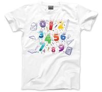 Kids Number Day Tshirt - Childrens Maths Timestable School Top Kid T-Shirt Tee with Purple Symbols Numbers Mathematics Unisex T Shirt - 9-11 Years White