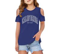 Kids Off The Shoulder T Shirts Girls Age 3-12 Years Short Sleeve Round Neck Trendy Graphic Tshirts Teenage Girls Summer Cartoon Cute School Casual Sports Children Tunic Tops (Blue, 9-10 Years)
