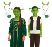 Kids Ogre & Princess Fiona Couples Costume Set - Boys Green Ogre Outfit & Girls Green Princess Dress & Ogre Headband - Funny Fancy Dress for Halloween, World Book Day & Parties