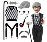 Kids Old Man Costume Boys, 8PCS Grandpa Costume 100 Days of School 1920s Outfit Hat Vest Tie Cane Funny Fancy Dress for Halloween World Book Day Carnival Party (Large)
