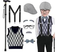 Kids' Old - Man - themed 100 Days of School & Halloween Costume Set with Hat, Glasses & Grandpa Vest, Light Grey, for Boys, 2-6 Years