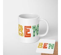 Kids Onyx Alphabet Personalised Mug and Coaster Set - Custom Name Black and White Gift - Choose Standard Mug, Coaster or Both - Monochrome Letter Design for Boys or Girls - Handmade in The UK