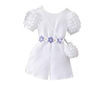 Kids Overalls-Girls' Casual 2 Piece Set: Ribbed Rss Back Romper With Buble Sleeves & Bag