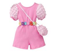 Kids Overalls-Girls' Casual 2 Piece Set: Ribbed Rss Back Romper With Buble Sleeves & Bag