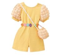Kids Overalls-Girls' Casual 2 Piece Set: Ribbed Rss Back Romper With Buble Sleeves & Bag