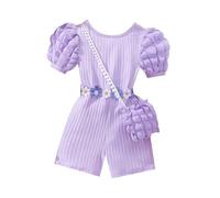 Kids Overalls-Girls' Casual 2 Piece Set: Ribbed Rss Back Romper With Buble Sleeves & Bag