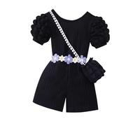 Kids Overalls-Girls' Casual 2 Piece Set: Ribbed Rss Back Romper With Buble Sleeves & Bag