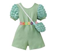 Kids Overalls-Girls' Casual 2 Piece Set: Ribbed Rss Back Romper With Buble Sleeves & Bag
