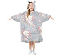 Kids Oversized Blanket Hoodie, Axolotl Cherry Blossom Flower Warm Fleece Sweatshirt Plush Wearable for Girls Boys, Front Roomy Pocket, Cute Ear Cap, Medium