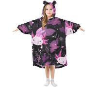 Kids Oversized Blanket Hoodie, Axolotl Cute Pattern Warm Fleece Sweatshirt Plush Wearable for Girls Boys, Front Roomy Pocket, Cute Ear Cap, Small