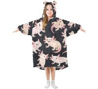 Kids Oversized Blanket Hoodie, Axolotl Pattern Warm Fleece Sweatshirt Plush Wearable for Girls Boys, Front Roomy Pocket, Cute Ear Cap, Small